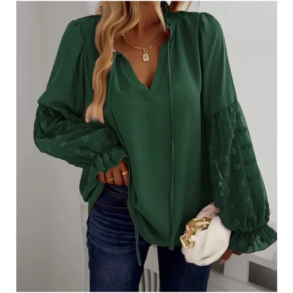 Boho Swiss Dot Sheer Sleeve Ruffle Blouse - Picture 12 of 14